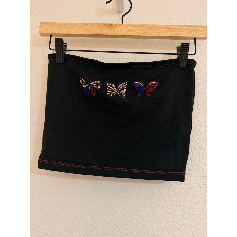A-Lab Black Butterfly Embroidered Tube Top Red Contrast Stitch Small